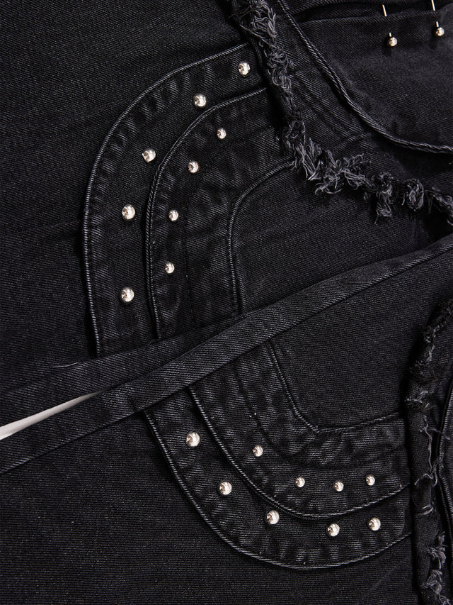 Studded Panel Washed Baggy Jeans