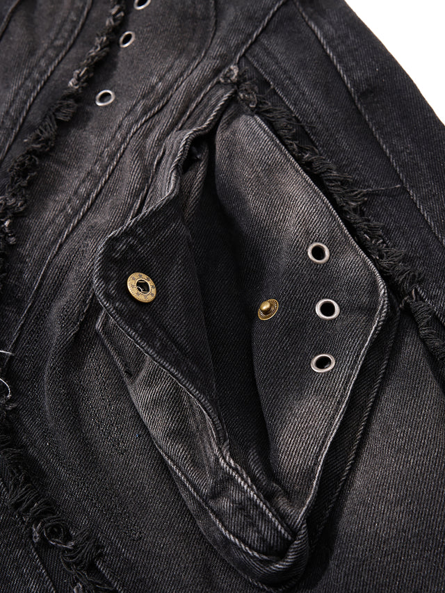 Deconstructed Raw-Edge Curved Flap-Pocket Super Baggy Jeans