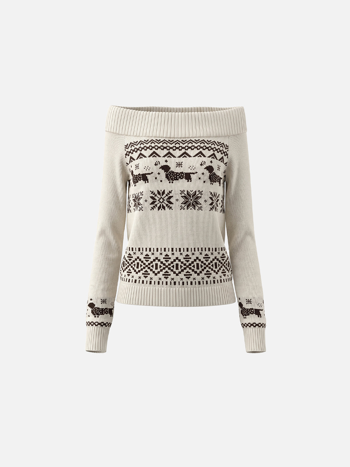 Fair Isle Dachshund Pattern Fold-Over Off-Shoulder Slim Knit Sweater
