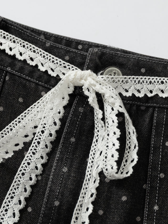 Polka-Dot Eyelet Grommet Lace-Belt Wide-Leg Denim Jorts