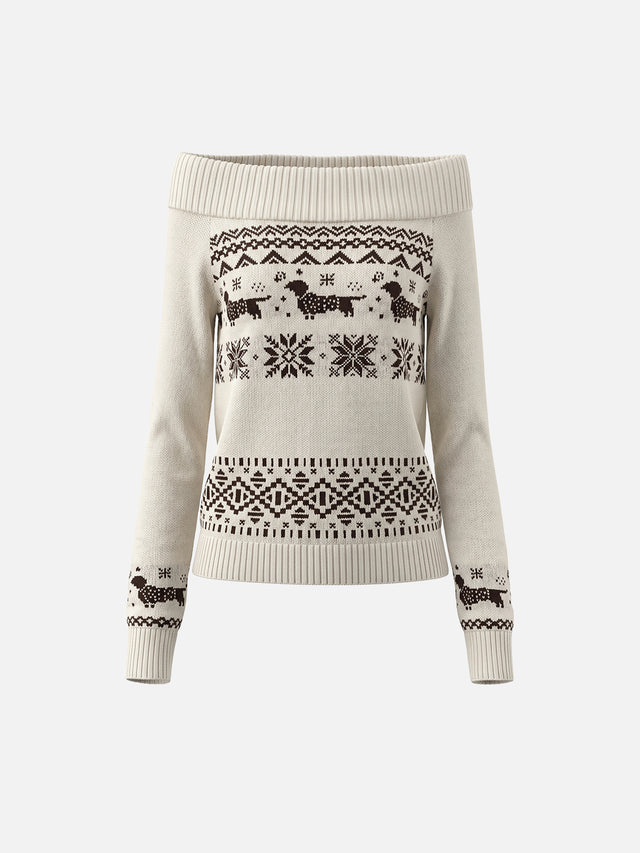 Fair Isle Dachshund Pattern Fold-Over Off-Shoulder Slim Knit Sweater