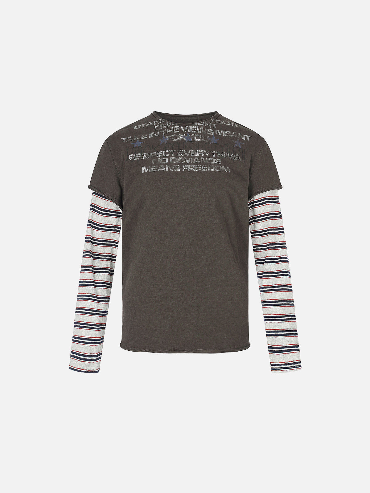Double-Layer Striped Long-Sleeve Star Slogan Graphic Boxy T-Shirt
