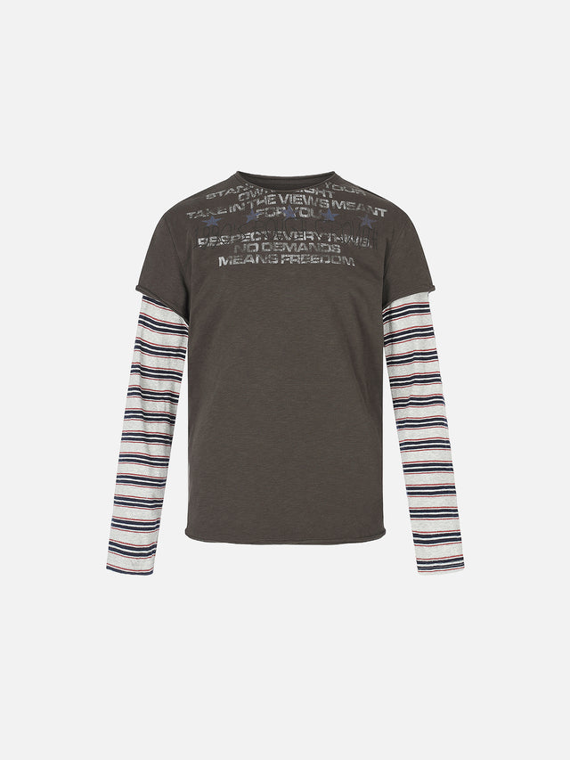 Double-Layer Striped Long-Sleeve Star Slogan Graphic Boxy T-Shirt