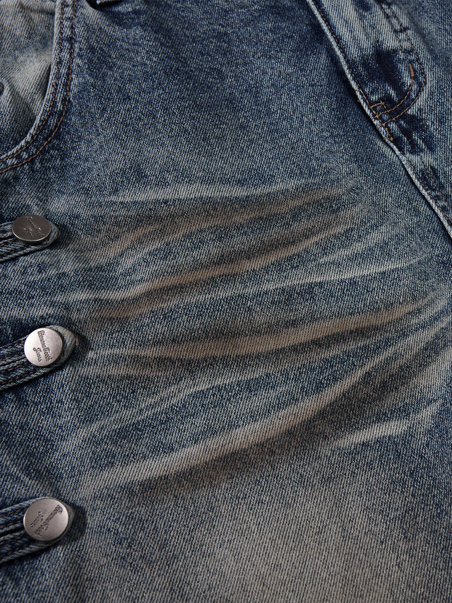 Buttoned Side-Tab Whiskered Super Baggy Denim Jeans