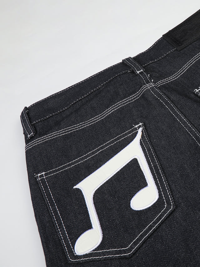Musical Clef MP3 Earphone Graphic Contrast-Pocket Straight Denim Jeans