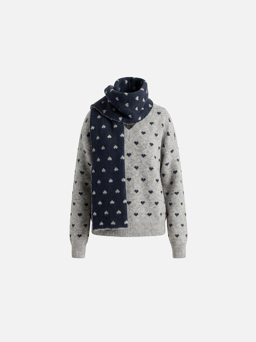 All-Over Heart Jacquard V-Neck Sweater With Matching Knit Scarf Set