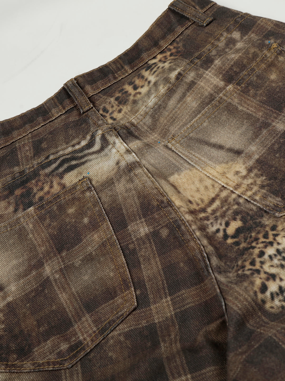 Bleached Plaid Leopard-Print Flap Cargo Baggy Denim Pants