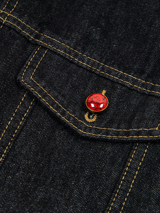 Red Gemstone-Button Contrast-Stitch Boxy Denim Jacket