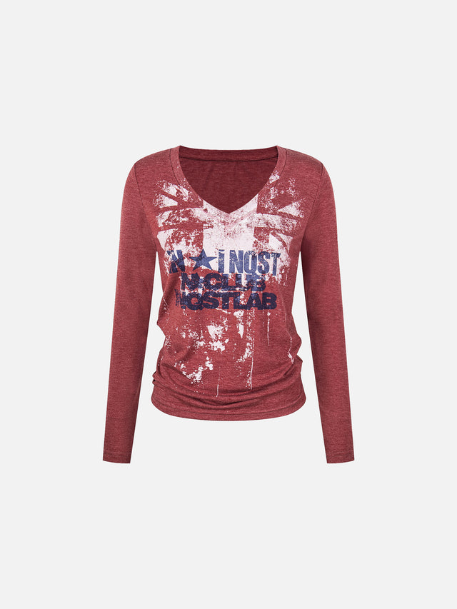 Vintage Graphic V-Neck Long-Sleeve Top