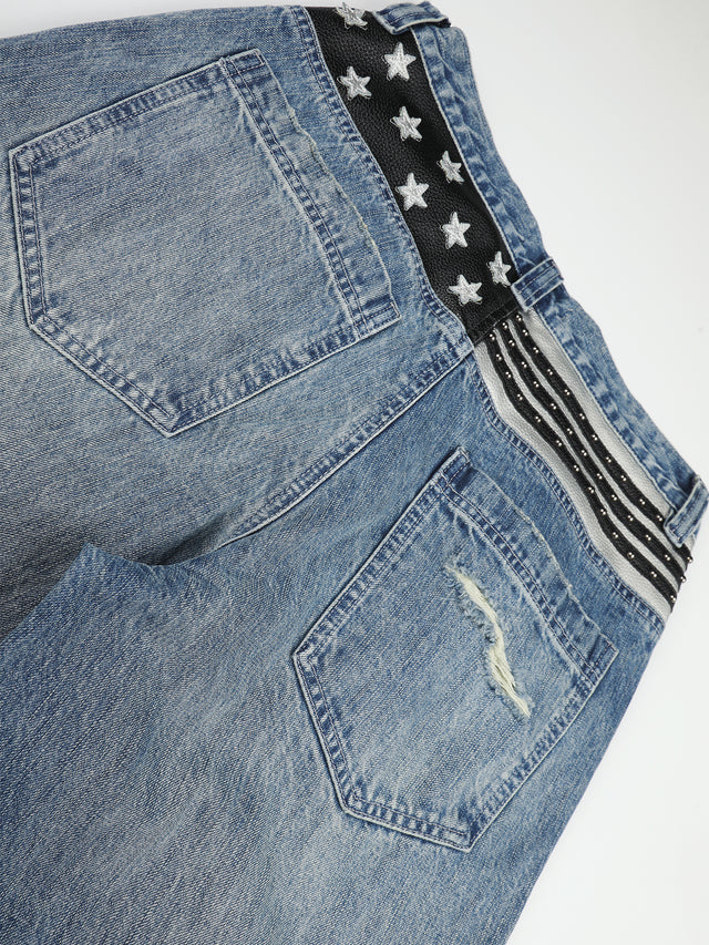 Star-and-Stripe Yoke Distressed Straight-Leg Jeans