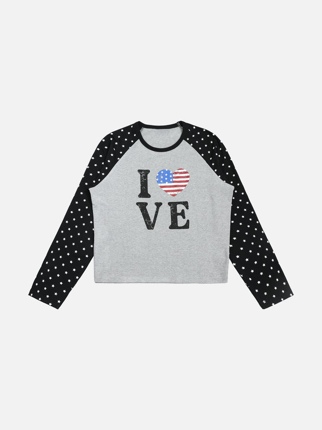 Star-Print Raglan Sleeve Cropped Graphic Long-Sleeve T-Shirt