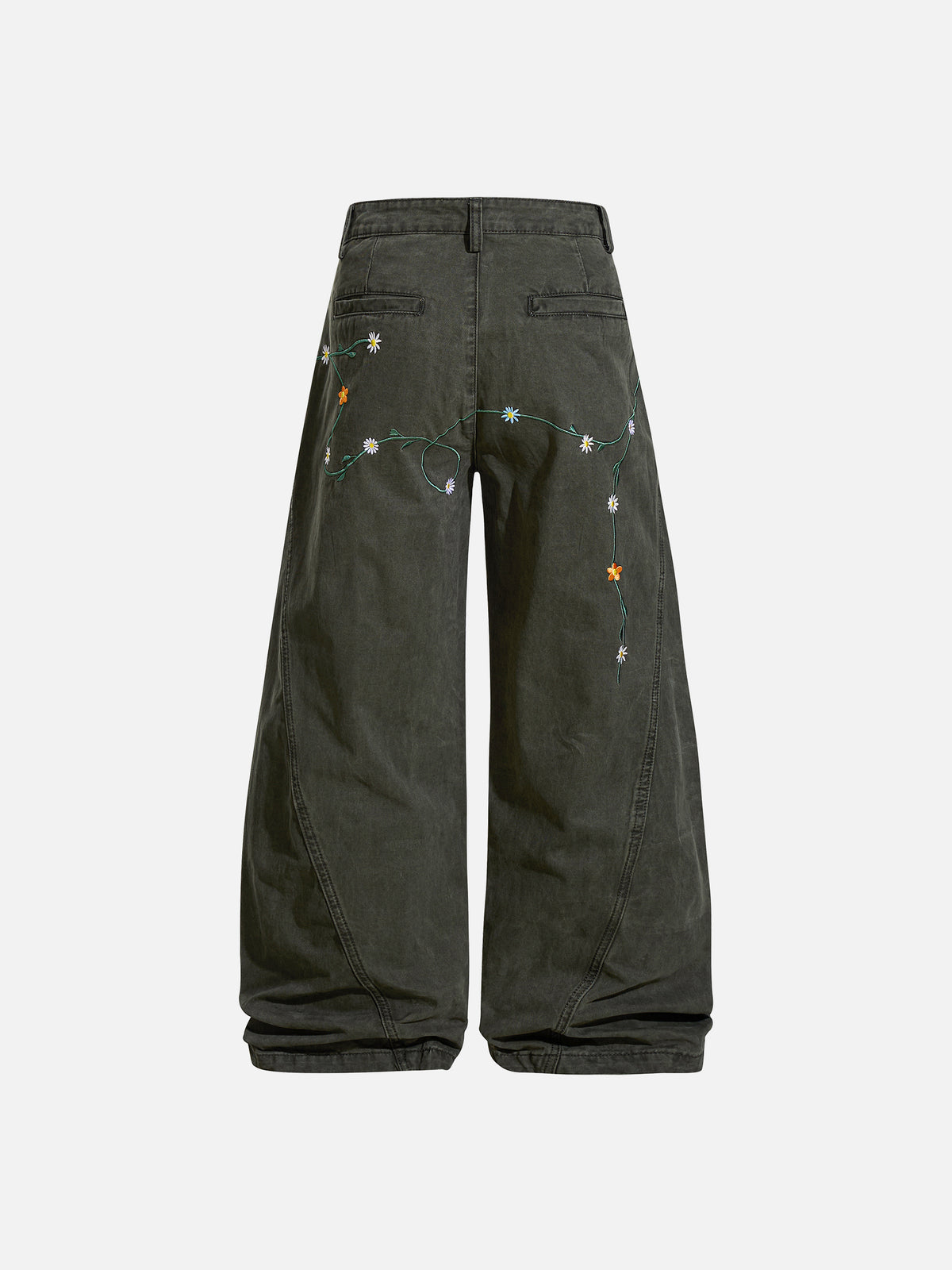 Floral-Vine Embroidered Washed Curved-Seam Baggy Pants