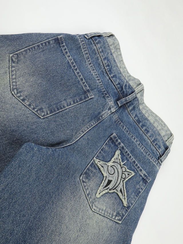 Double-Waist Star-Patch Baggy Jeans