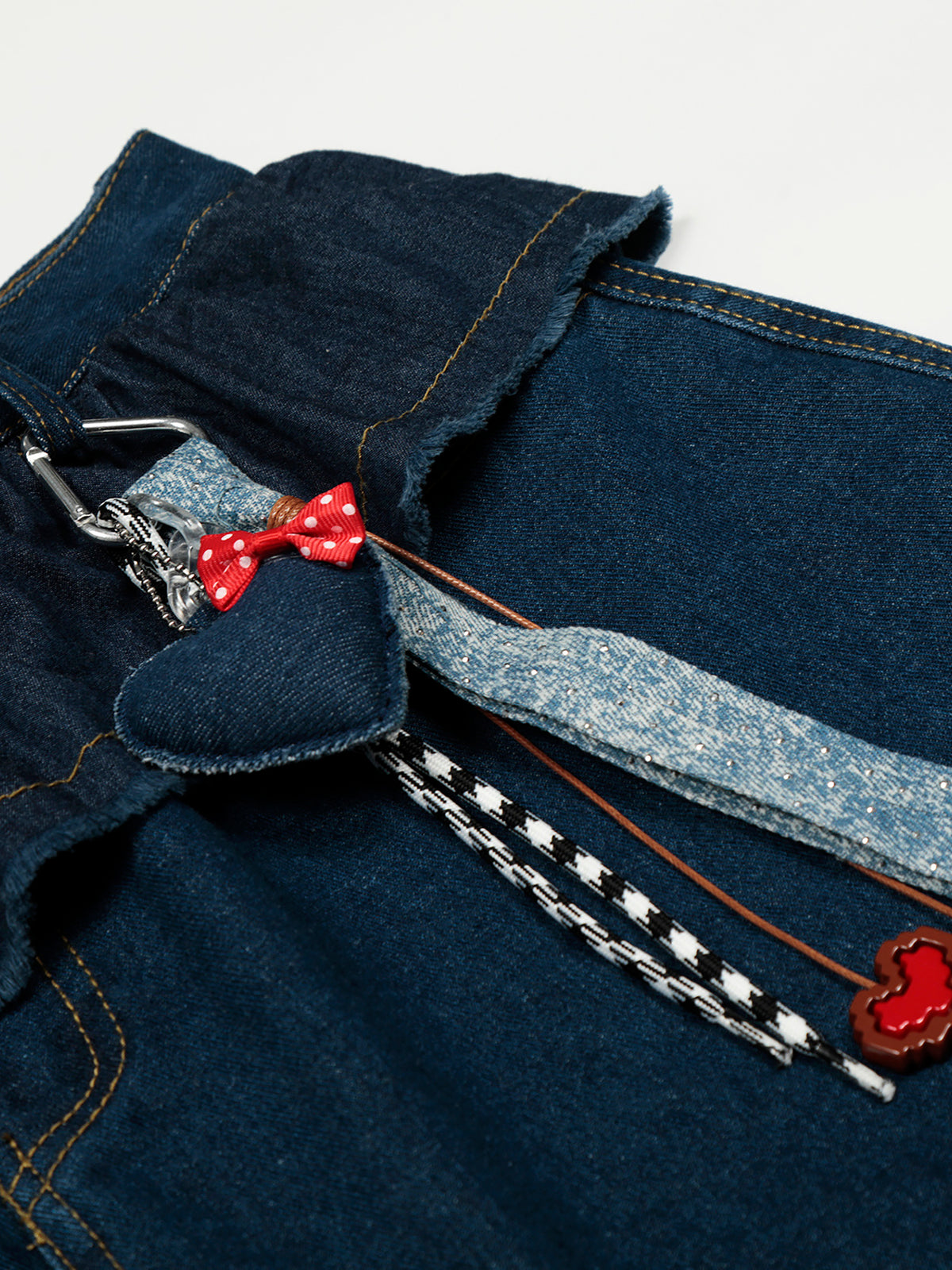 Tiered Peplum Ruffle Charm-Accented Baggy Denim Jeans