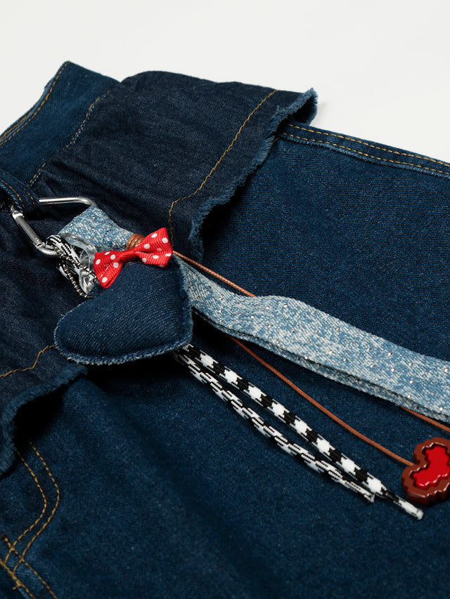 Tiered Peplum Ruffle Charm-Accented Baggy Denim Jeans