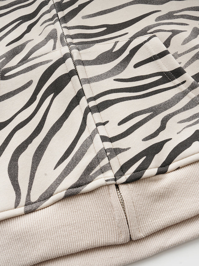 All-Over Tiger Zebra Animal Pattern Boxy Zip Hoodie