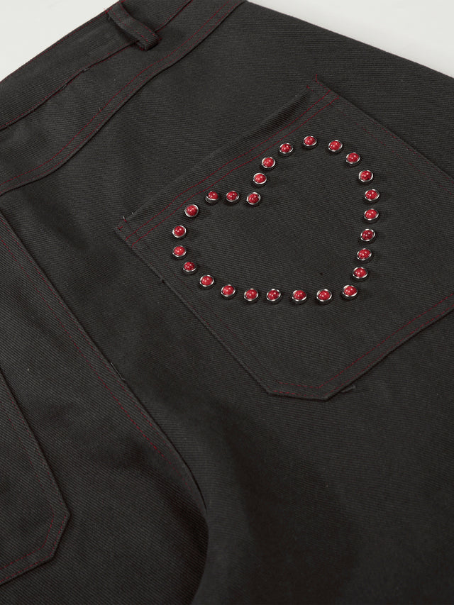 Heart-Studded Pocket Curved-Seam Baggy Wide-Leg Denim Pants