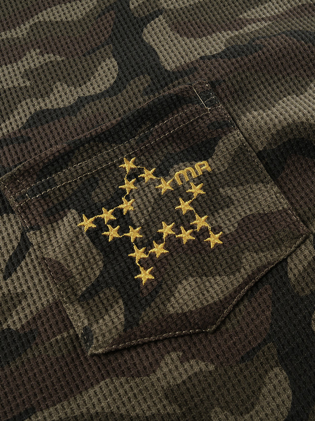 Camo Waffle-Knit Star-Embroidered Pocket Boxy Long-Sleeve T-Shirt