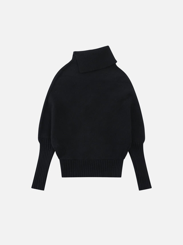 Ribbon-Woven Cable-Knit Asymmetrical Turtleneck Regular-Fit Sweater
