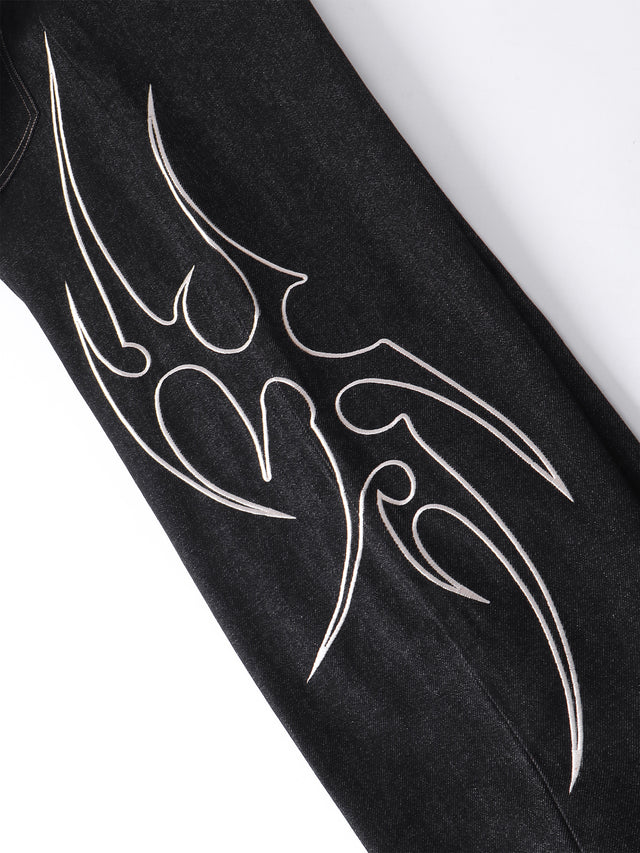 Tribal Embroidered Contrast-Stitch Baggy Barrel Jeans