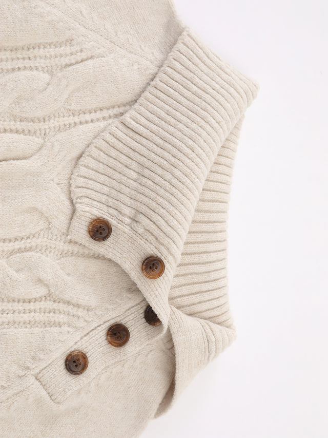 Wool-Blend Cable-Knit Asymmetrical-Collar Slim-Fit Short-Sleeve Sweater