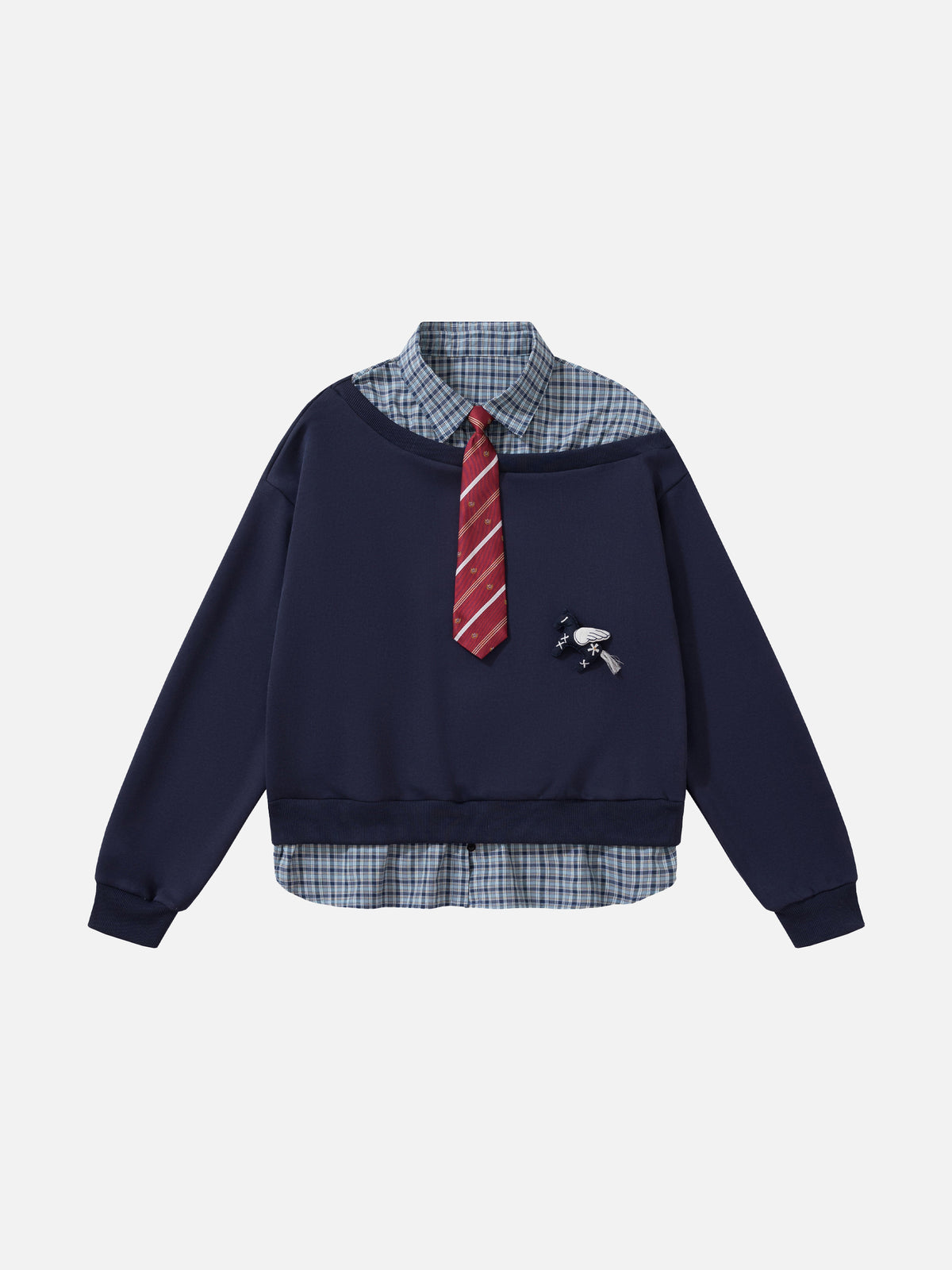 Plaid Shirt-Layered Tie-Detail Oversized Sweatshirt