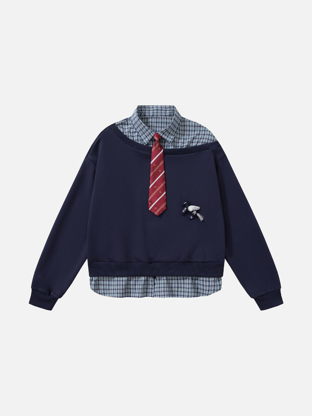 Plaid Shirt-Layered Tie-Detail Oversized Sweatshirt