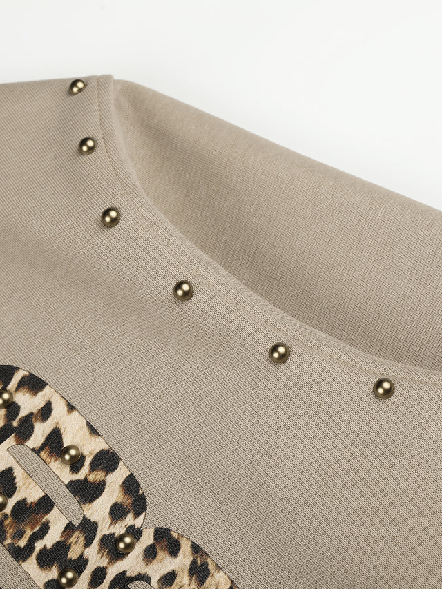 Leopard-Print Lettering Oversize Zip-Up Hoodie