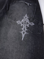 Distressed Cross-Embroidered Baggy Jeans