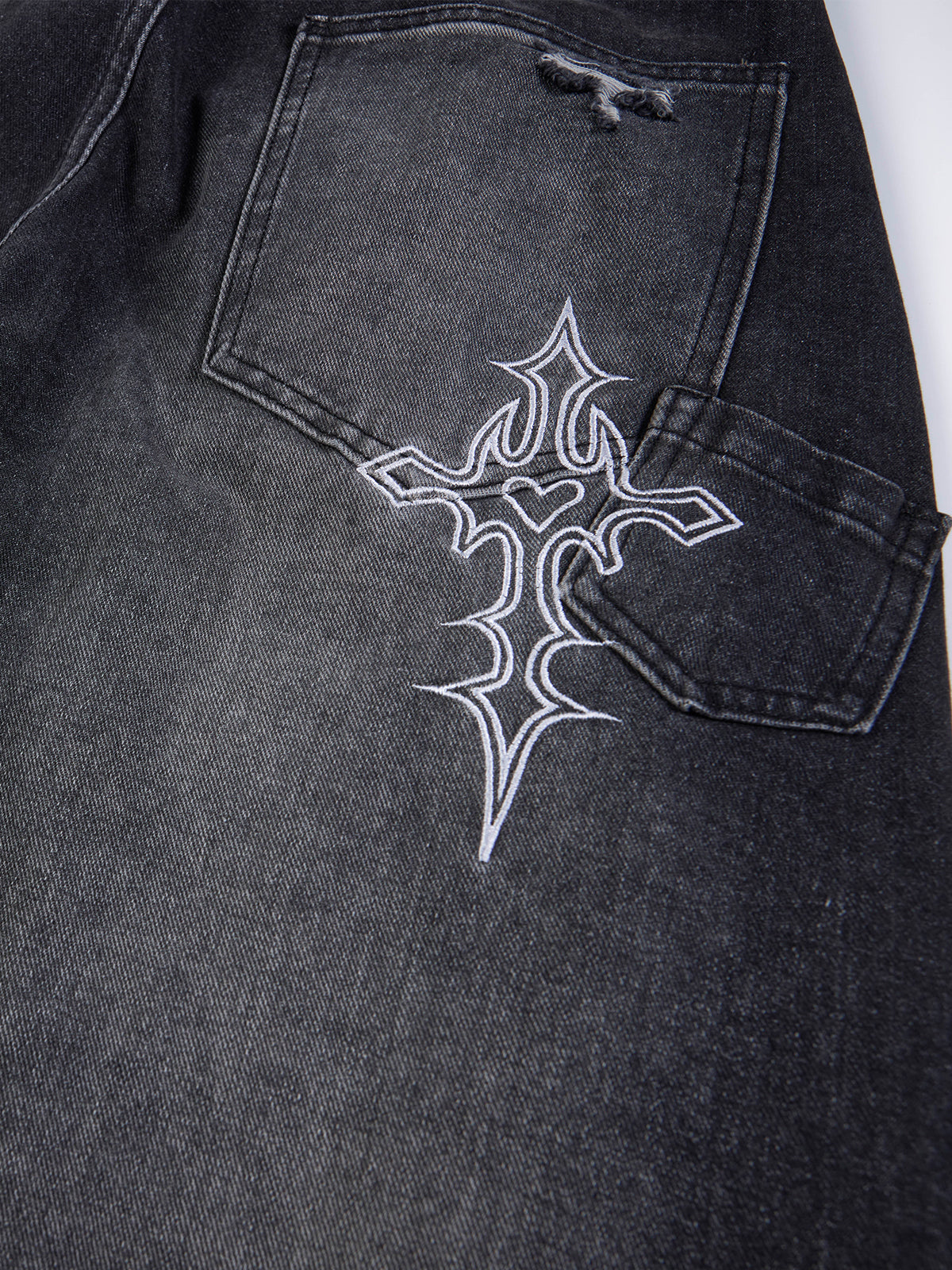 Distressed Cross-Embroidered Baggy Jeans