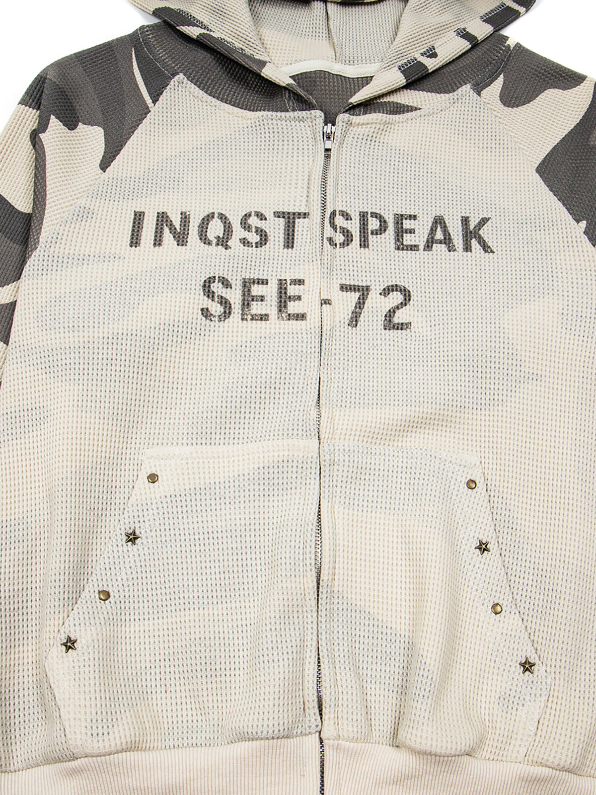 Camo-Panelled Mesh-Overlay Boxy Zip-Up Hoodie