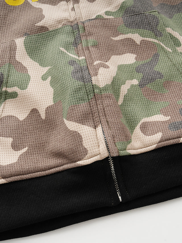 Reversible Camouflage Graphic Waffle-Knit Boxy Zip Hoodie