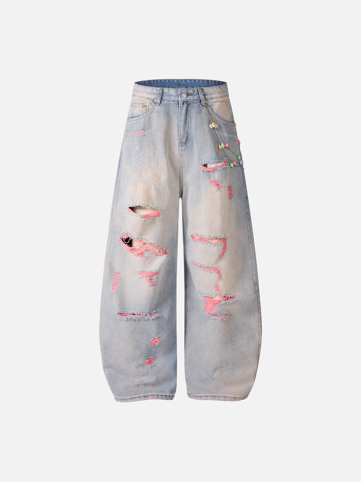 Pink Distressed Beaded Baggy Jeans