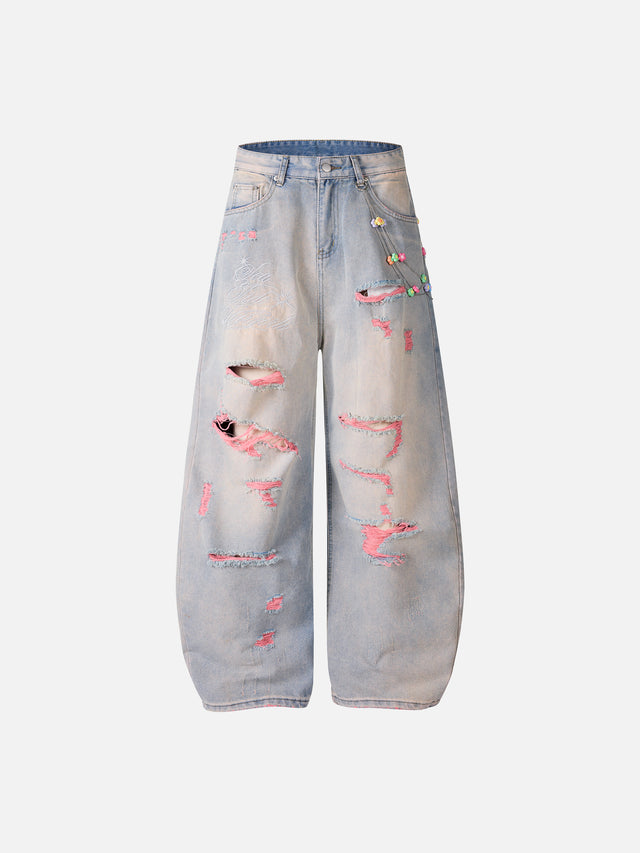 Pink Distressed Beaded Baggy Jeans