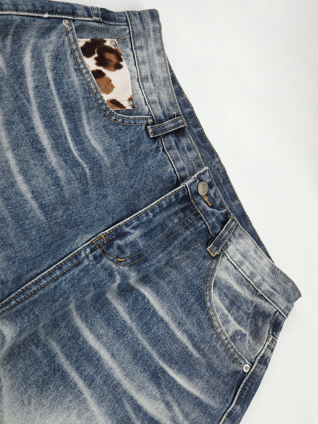 Cow-Print Patch Whiskered Straight-Leg Jeans