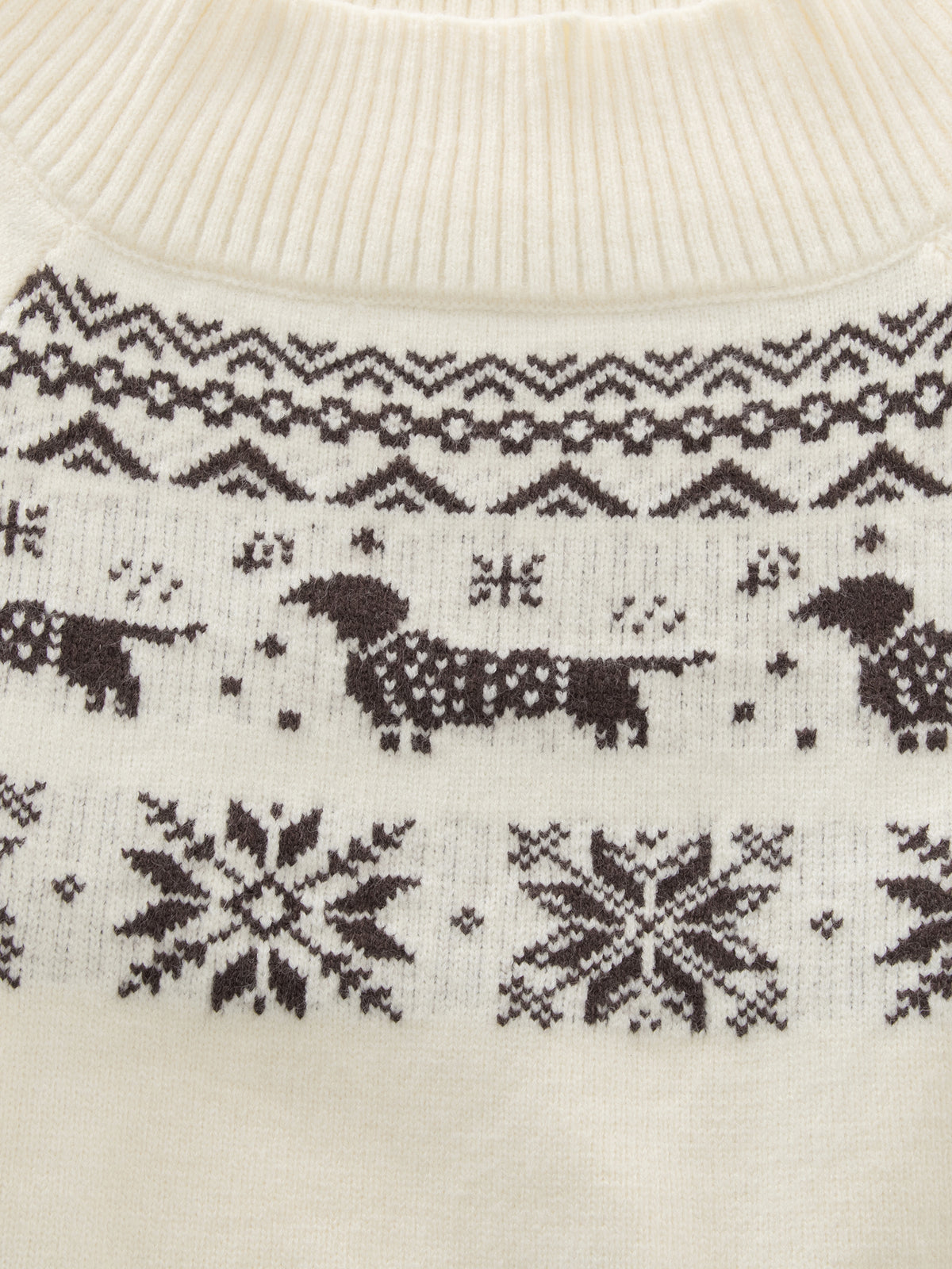 Fair Isle Dachshund Pattern Fold-Over Off-Shoulder Slim Knit Sweater