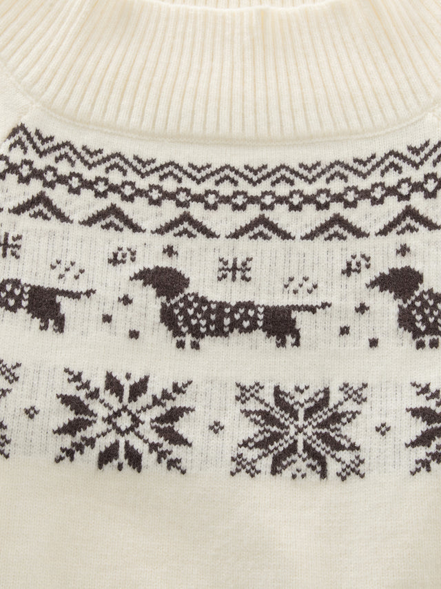 Fair Isle Dachshund Pattern Fold-Over Off-Shoulder Slim Knit Sweater