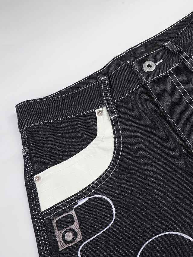 Musical Clef MP3 Earphone Graphic Contrast-Pocket Straight Denim Jeans