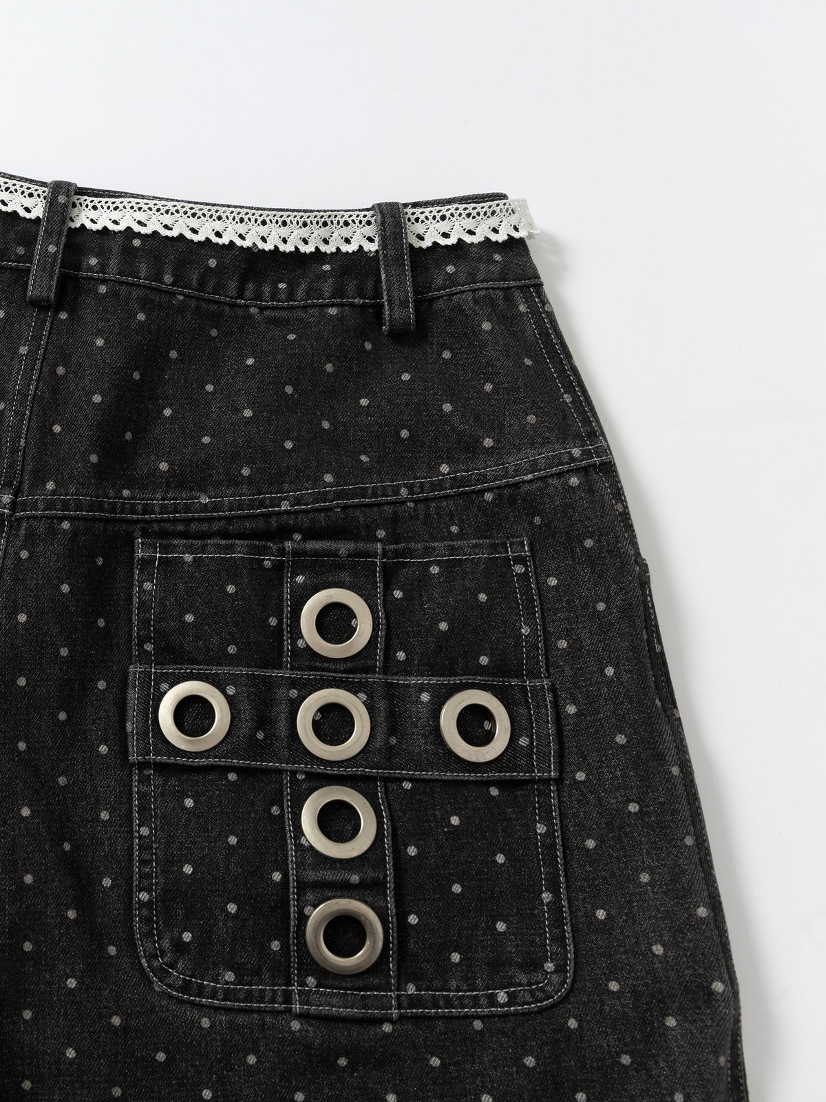 Polka-Dot Eyelet Grommet Lace-Belt Wide-Leg Denim Jorts