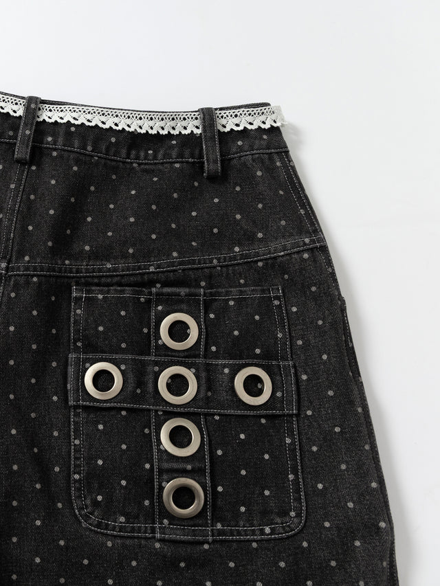 Polka-Dot Eyelet Grommet Lace-Belt Wide-Leg Denim Jorts