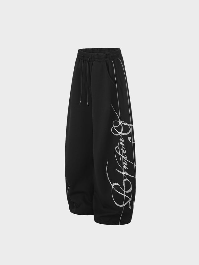 Reflective Piping Cursive Script Embroidered Baggy Sweatpants