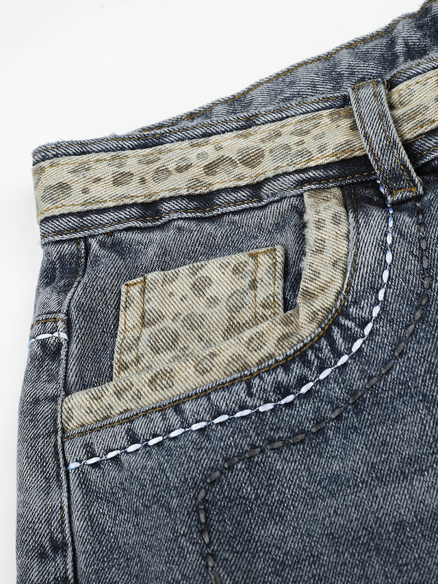 Leopard-Trim Straight-Leg Jeans