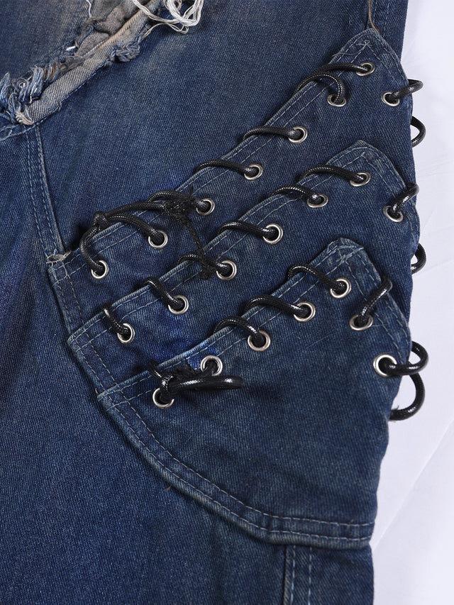 Deconstructed Distressed Lace-Up Cargo Straight Denim Pants