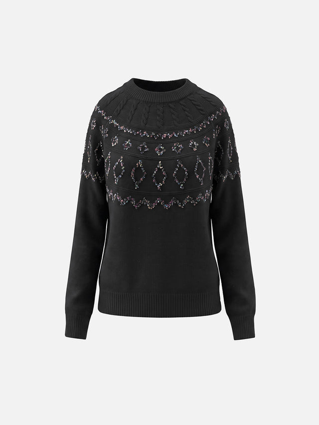 Cable-Knit Fair Isle Yoke Regular Pullover Sweater