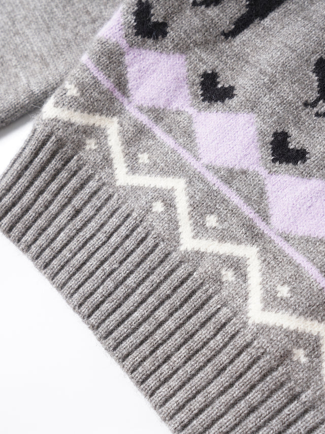 Cat & Snowflake Fair Isle Off-Shoulder Slim Knit Sweater