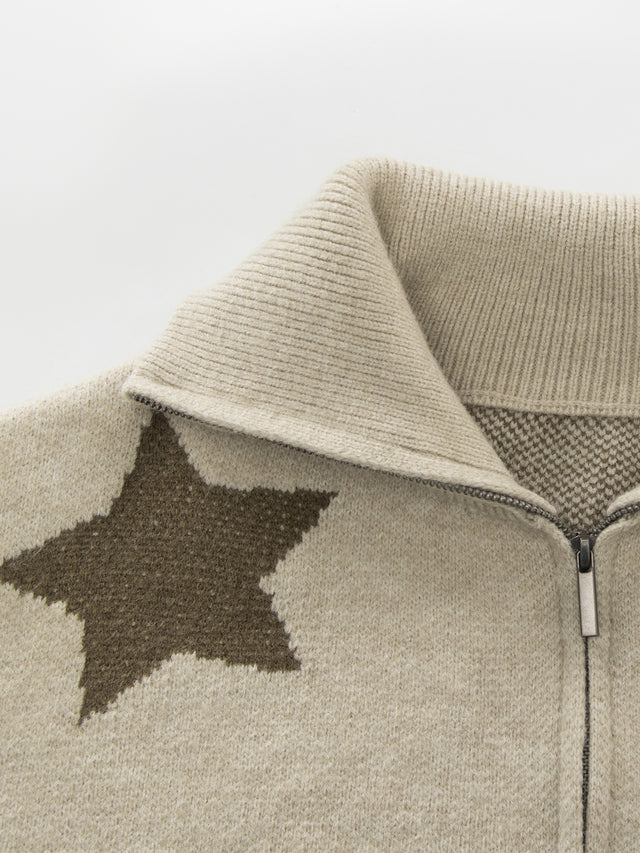 All-Over Star Jacquard Spread Collar Boxy Knit Cardigan