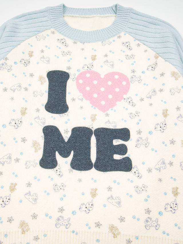 "I ♥ ME" Raglan Ribbed-Sleeve Jacquard Knit Sweater