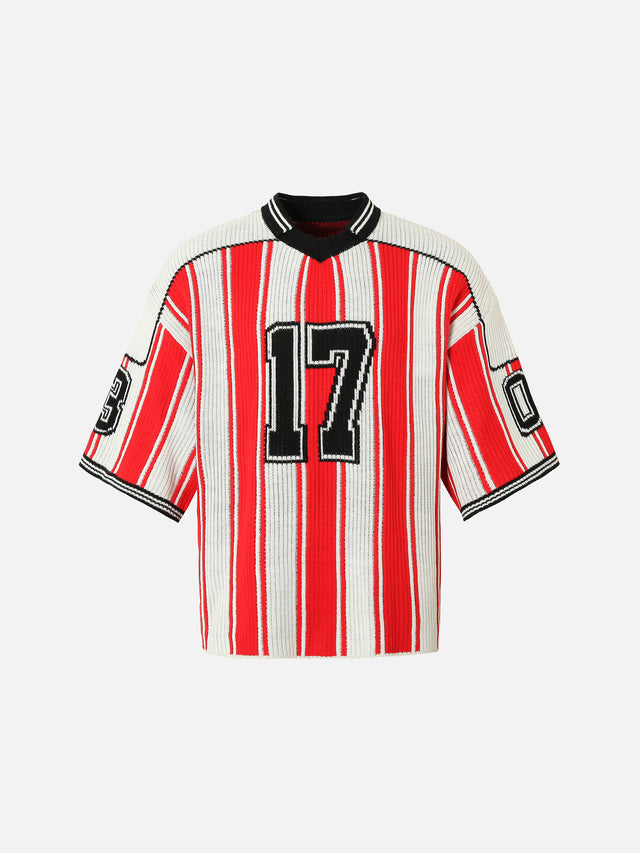Number Striped Pattern Sports Knit Sweater
