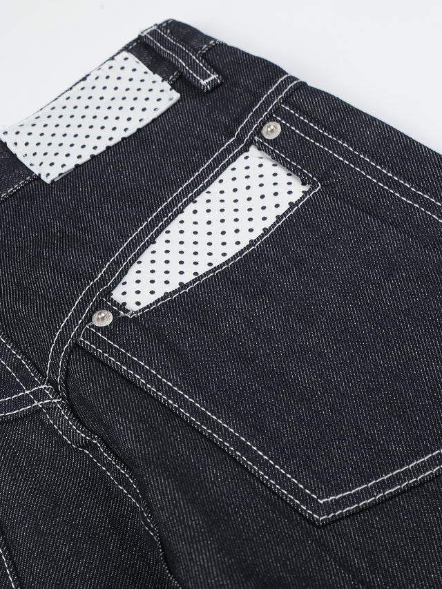 Polka-Dot Panelled Turn-Up Straight-Leg Jeans