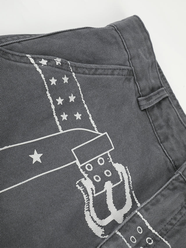 Washed Belt-Print Straight-Leg Cargo Jeans